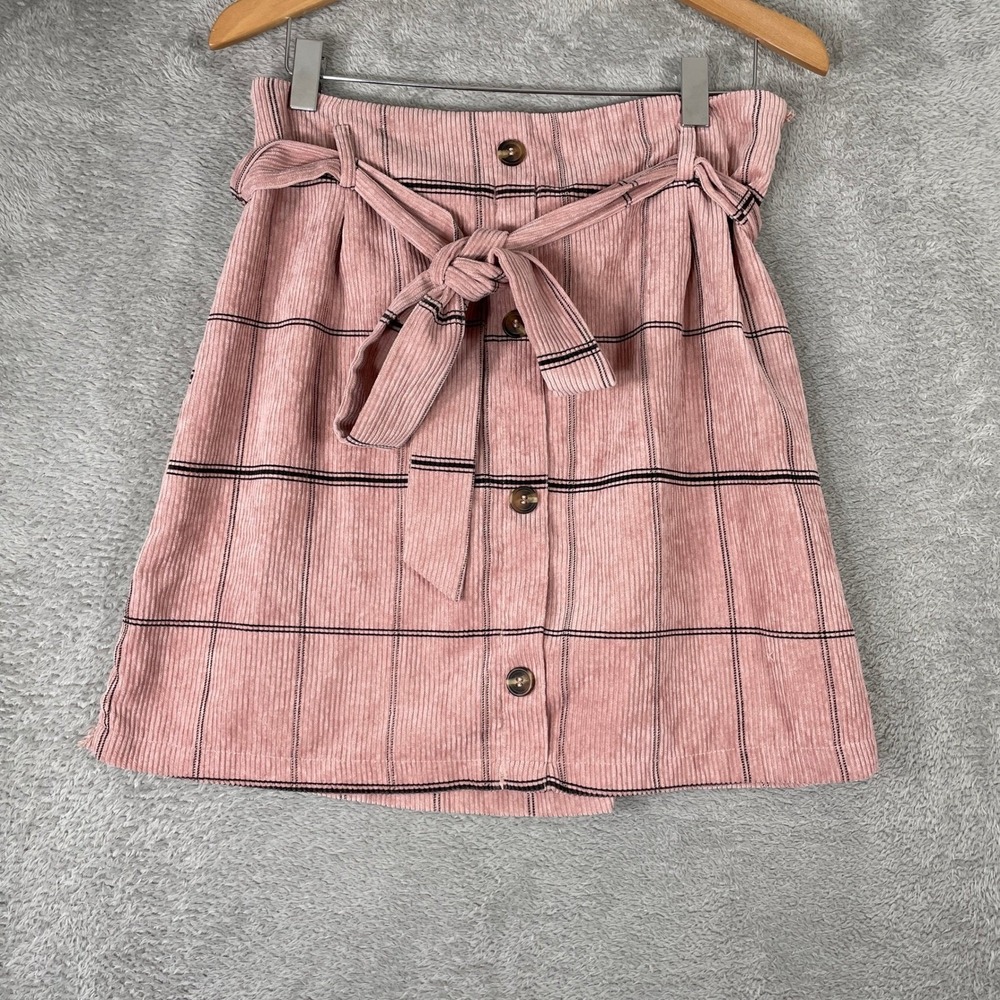 HAVE Corduroy Plaid Mini Skirt Womens Large Pink Paperbag Waist Tie Front Belted